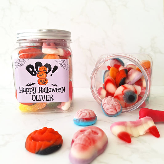 Halloween Sweet Jar Gift, Personalised Custom Name Spooky Treats